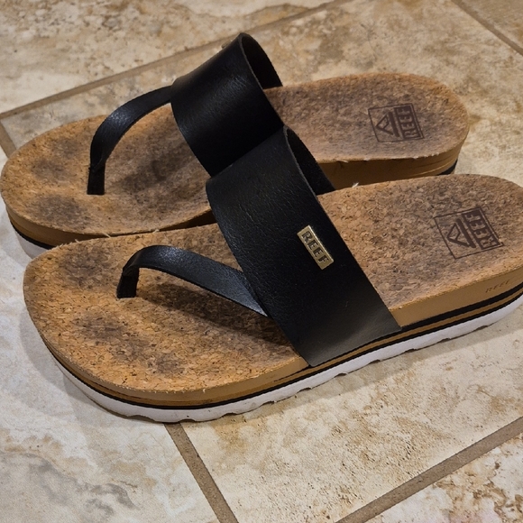 Reef Black Leather Sandals with Cork Footbed - Picture 2 of 6